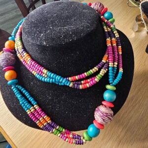 Boho Beaded Necklace Colorful‎ Wood Statement Layering Necklace